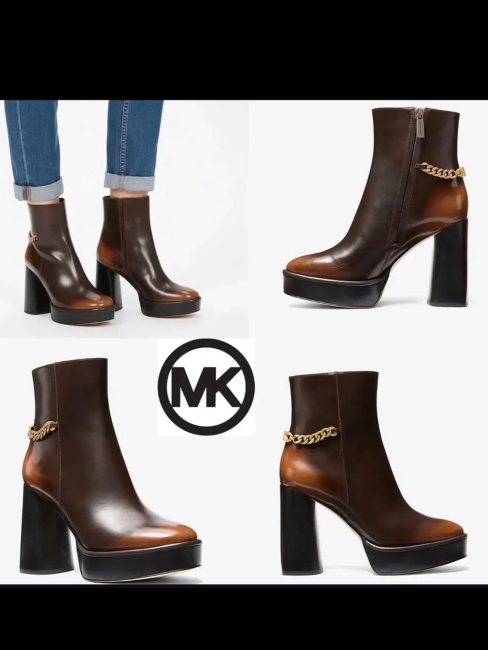 Michael Kors Brown Leather Platform Ankle Boots with Gold Chain Accent